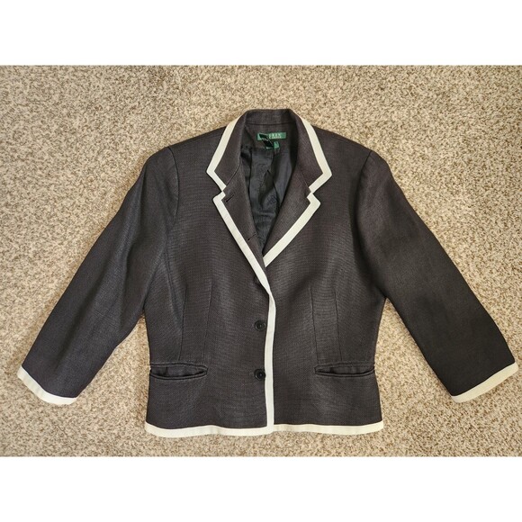 LAUREN RALPH LAUREN Linen Preppy Academia Black and White Trim Blazer Jacket 12 - Picture 2 of 6